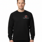Man wearing a black sweatshirt with a logo and text on a white background