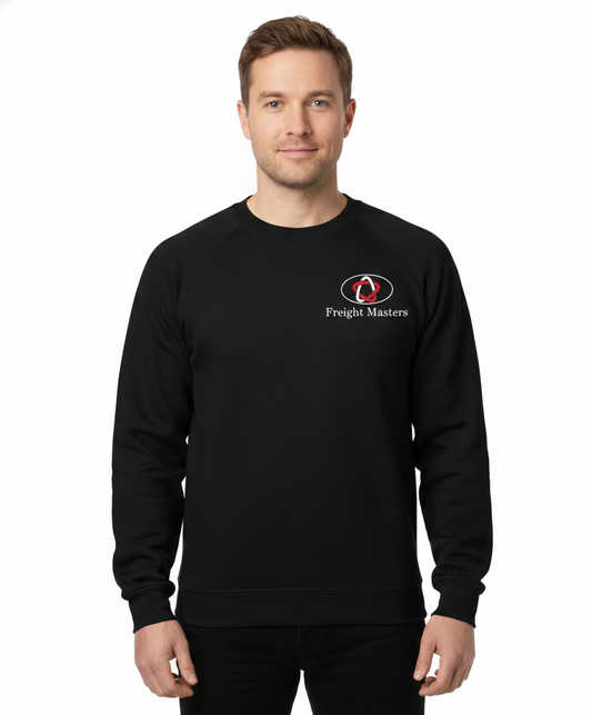 Man wearing a black sweatshirt with a logo and text on a white background