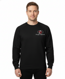 Man wearing a black sweatshirt with a logo and text on a white background